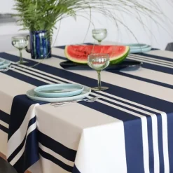 Maison Jean-Vier Nappe en coton bleu foncé et blanche à rayures