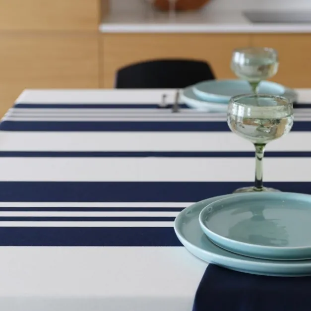 Maison Jean-Vier Nappe en coton bleu foncé et blanche à rayures