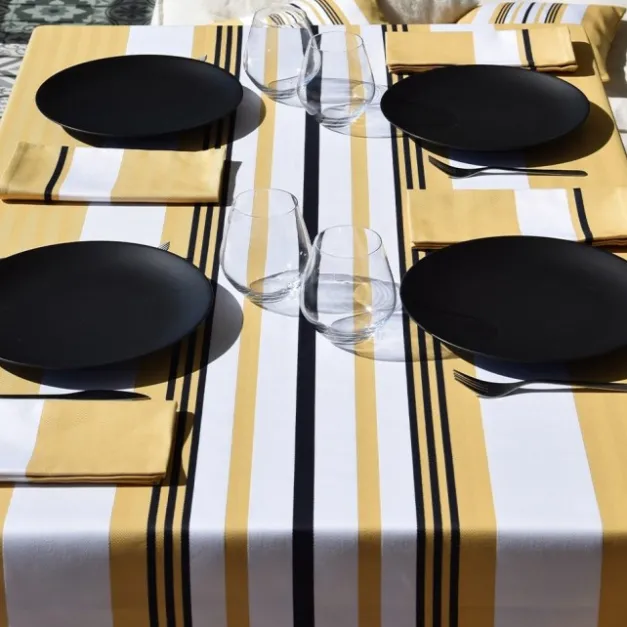 Maison Jean-Vier Nappe en coton jaune à rayures en chevrons