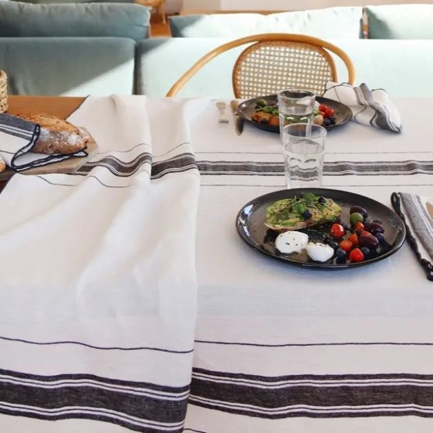 Maison Jean-Vier Nappe en lin blanc ivoire à rayures