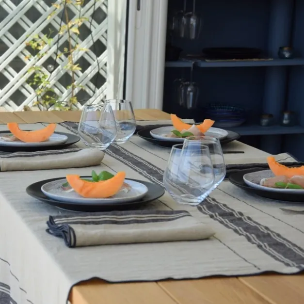 Maison Jean-Vier Nappe en lin vert clair à rayures