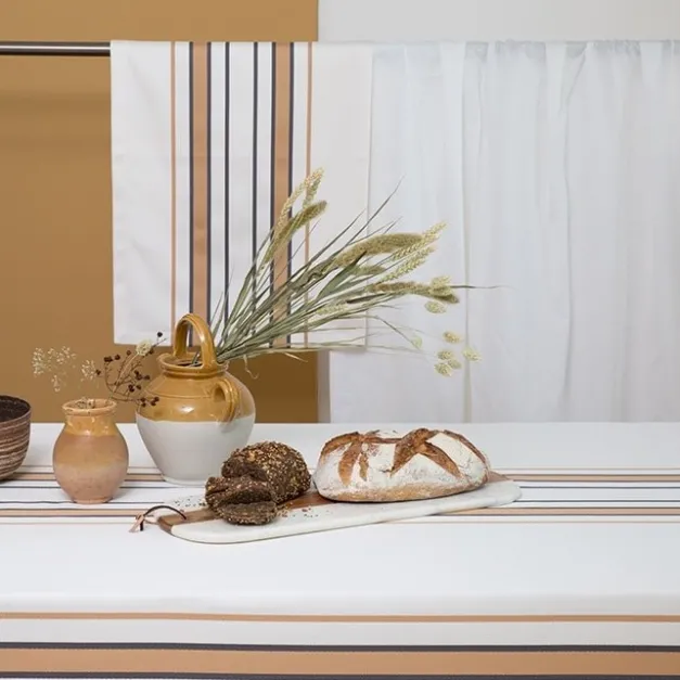 Maison Jean-Vier Nappe en satin de coton à rayures beige