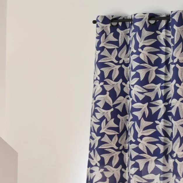 Maison Jean-Vier Rideau en Jacquard bleu en coton motifs oiseaux