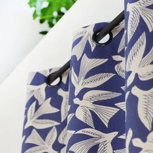 Maison Jean-Vier Rideau en Jacquard bleu en coton motifs oiseaux